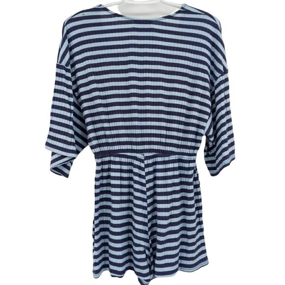 Urban Outfitters Ribbed Knit Surplice Romper Light Blue Striped Summer Beach S - Picture 4 of 10